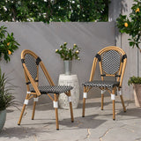 Outdoor PE Ratten and Aluminum French Bistro Chair, Set of 2, Black & White, Bamboo Print Finish
