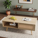 41.34" Rattan Coffee table, sliding door for storage, solid wood legs, Modern table  for living room , natural