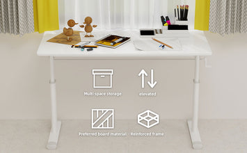 Adjustable study desk suitable for children and adults, height-adjustable, multifunctional home office desk, compact design, desktop dimensions: 60cm × 120cm, white frame, white tabletop.