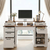 59" Farmhouse Office Desk With  Charging Station & Storage Cabinet, Barn Door Design Home Office Study Desk with File Drawer, Monitor Stand and Keyboard Tray for Office, Study, Living Room, White