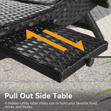 K&K 80'' Outdoor Wicker Chaise Lounge Chairs Set of 2, Patio Rattan Reclining Chair Pull-out Side Table w/ 5-Level Adjustable Backrest Ergonomic Wave Design Pool Sunbathing Recliners, Black