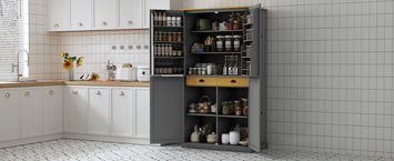 [Assembly Video Provided]TOPMAX 40.2x20x71.3inch High Freestanding Kitchen Pantry Large Cupboard Storage Cabinet with 2 Drawers, 2 Adjustable Shelves, 8 Door Shelves for Kitchen, Dining Room,Gray