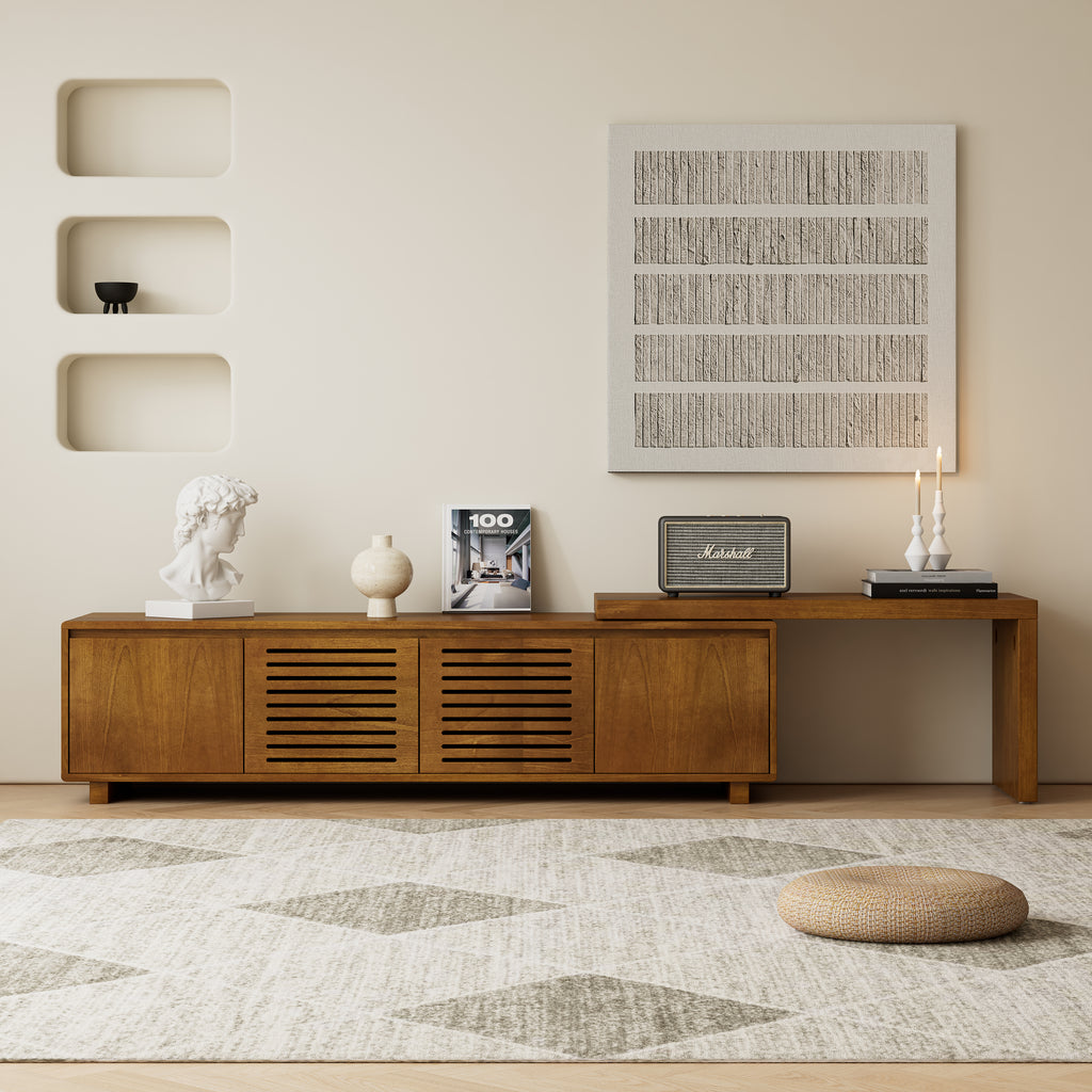 63" Mid-Century Modern Extendable TV Stand for TVs up to 75", Media Console TV Cabinet for Living Room, Farmhouse Entertainment Cabinet with Storage & Adjustable Panel