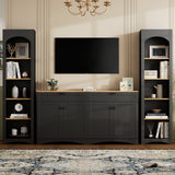 ON-TREND Farmhouse TV Stand with 2 Drawers for TVs Up to 70", Versatile Wood Grain Sideboard with Adjustable Shelves, Mid-Century Buffet Cabinet with Rustic Handles for Living Room/Bedroom, Black