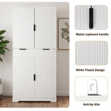 72" Fluted Kitchen Pantry Cabinet with 3 Keyboard Drawers & 6 Door Shelves Adjustable, Freestanding Cupboard Storage Cabinet for Bathroom, Diningroom, Office, Entryway, White