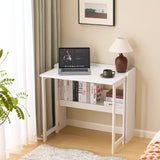 Folding Table with Storage Shelf,32.6 Inch Foldable Computer Desk for Small Spaces,Small Writing Desk for Bedroom  Home Office Dorm and Apartment,White