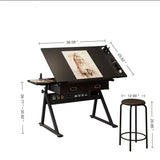 adjustable drawing drafting table desk with 2 drawers for home office and school with stool(black)