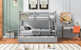 Twin over Full Bunk Bed with Ladder, Twin Size Trundle, Safety Guardrail, Gray