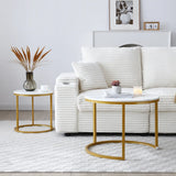 Set 2 Coffee Table Nesting White and gray top  Golden Frame Circular Round and Marble Pattern Wooden Tables, Living Room Bedroom Apartment Modern Industrial Simple Nightstand