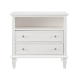 Open Space and 2 Drawers Dresser Nightstand with Charging Station, Farmhouse End Table with USB Ports and Outlets, Fluted Pilasters Design Side Table with Solid Wood Legs for Bedroom