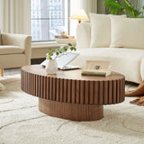 Modern Handcraft Drum Coffee Table Length 43.7 inch Ellipse Coffee Table for Living Room,Oval Small Coffee Table with Sturdy Pedestal,Walnut MDF,W2582P251185