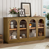 TREXM 4-Door Large Storage Buffet Cabinet with Glass Doors, Arched Cabinet with Adjustable Shelves for Kitchen, Dining Room and Living Room (Black)