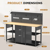 60 Inch Heavy Duty Workbench with Storage Cabinet, Wooden Top, 2000 lbs Capacity, Large Garage Work Table with Pegboard, Power Outlet