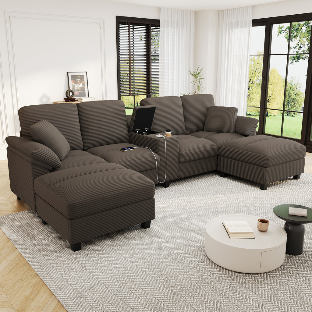 Modern U-shaped Sofa 116.9" Sectional Sofa Corduroy Upholstered Sofa Couch with Storage Ottomans, Cup Holders and USB Ports for Living Room, Brown