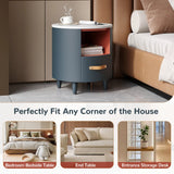 Contemporary & Modern Round Nightstand with Storage Drawer, Sofa End Table with Open Storage Shelf, Bedside Table with Curved Design for Living Room & Bedroom, Easy Assembly, Blue