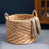 Isidore Round Water Hyacinth Seagrass Woven Basket with Handles - 15" x 15" x 11.8" - Natural Brown - For Clothes, Towels, Canvas, Toys and Magazine Storage and Home Decoration