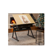 adjustable drawing drafting table desk with 2 drawers for home office and school with stool(maple)
