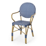 Outdoor PE Rattan and Aluminum 3 Piece French Bistro Set, Dark Teal & White, and Bamboo Finish