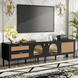 Rattan TV Stand for TVs up to 75'', Modern Farmhouse Media Console, Entertainment Center with Solid Wood Legs, TV Cabinet for Living Room,Home Theatre