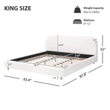 King Size Platform Bed with Boucle Fabric, Boucle Fabric Upholstered Platform Bed with Curve-Shaped Design Headboard, White, Easy Assembly