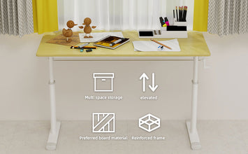 Adjustable study desk suitable for children and adults, height-adjustable, multifunctional home office desk, compact design, desktop dimensions: 60cm × 120cm, white frame, natural wood-colored tableto