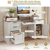 59" Farmhouse Office Desk With  Charging Station & Storage Cabinet, Barn Door Design Home Office Study Desk with File Drawer, Monitor Stand and Keyboard Tray for Office, Study, Living Room, White