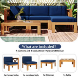 TOPMAX Outdoor Backyard Patio Wood 5-Piece Sectional Sofa Seating Group Set with Cushions, Natural Finish+ Blue Cushions