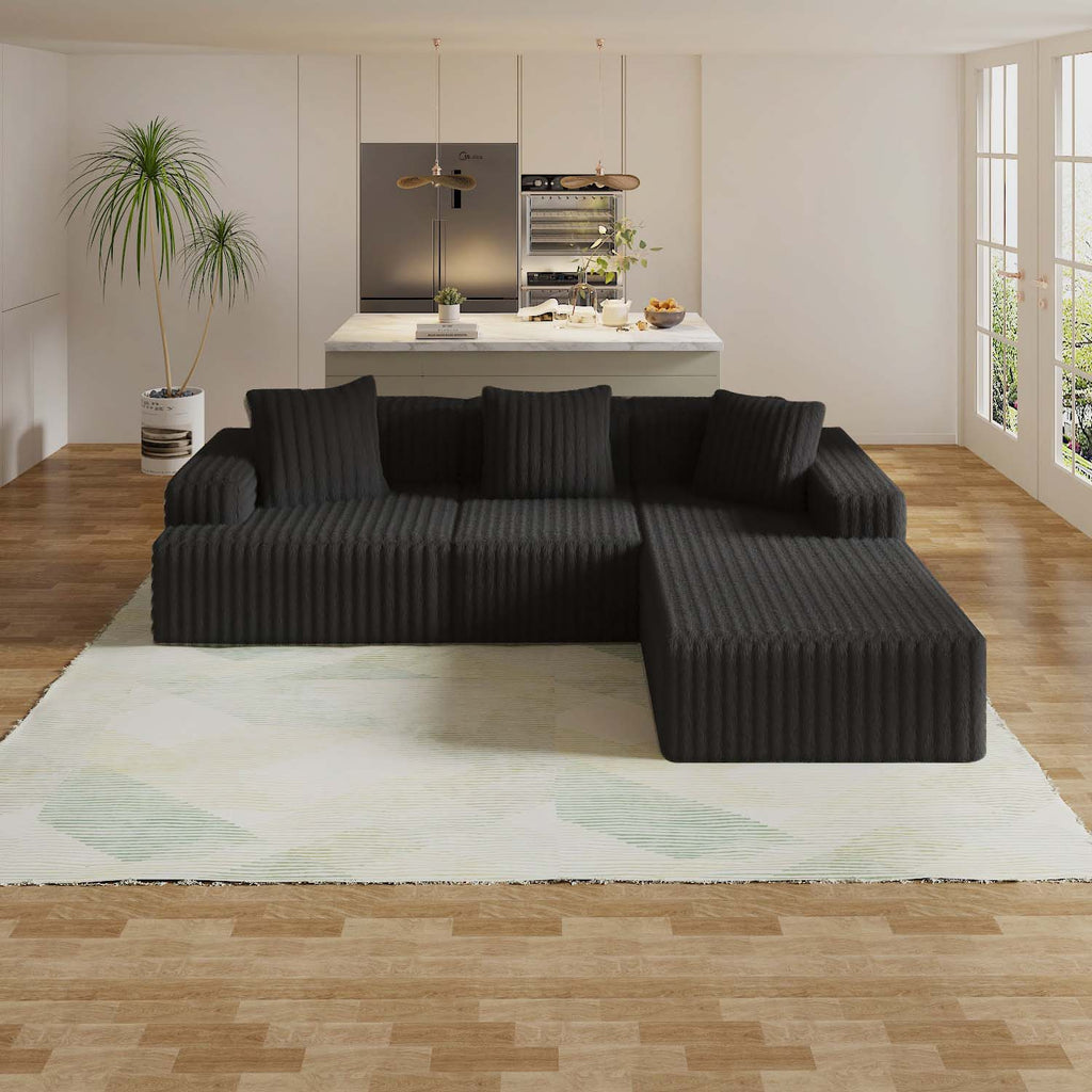 Compression Sectional Couch with Comfy Chaise, Boneless L Shape Sofa with Deep Seat, Minimalist Modular Couches Sleeper for Living Room Bedroom Apartment Lounge,corduroy,Black (102.4x66.9x24.8inch)