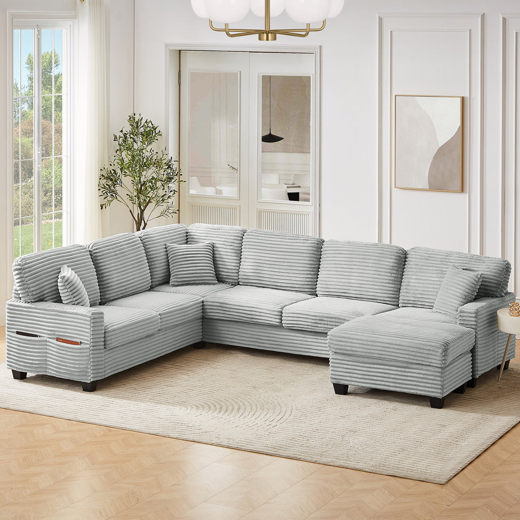 Sectional Sofa U-shaped Sectional 125.2" Upholstered L-shaped Sofa with a Movable Ottoman and Side Storage Pockets for Living Room, Grey