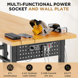 96" Adjustable Workbench with Side Pegboard, Solid Wood Top, 2000 lbs Capacity, Adjustable Height Garage Work Table with Power Outlet, Storage Box, Wheels or Leveling Feet