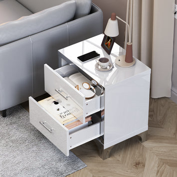 High Gloss Mirrored Nightstand with 2 Drawers,Modern End Table with Drawers,Mirrored High Gloss Wood Nightstand Metal Handle Bedside End Table for Bedroom, Dorm,Living Room,White