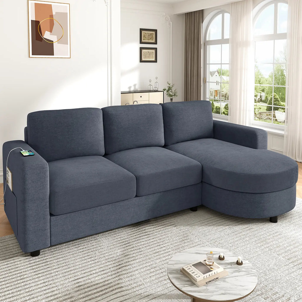 Modern Sectional Sofa 84.6" L-shaped Sofa Couch with a Curved Chaise Lounge, USB Ports and Side Storage Pockets for Living Room, Blue