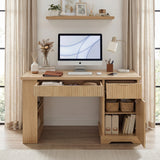 55" Modern Fluted Office Desk with Storage Cabinet & Drawers, Computer Writing Desk with Power Outlet, Pegboard, Built-in Shelves and Keyboard Tray for Study, Living Room, Home Office, White