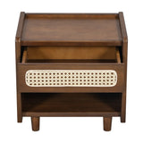 Walnut Nightstand with Rattan Detail, MDF + Solid Wood, Modern Bedroom Storage, Open Shelf & Drawer, Indoor Furniture