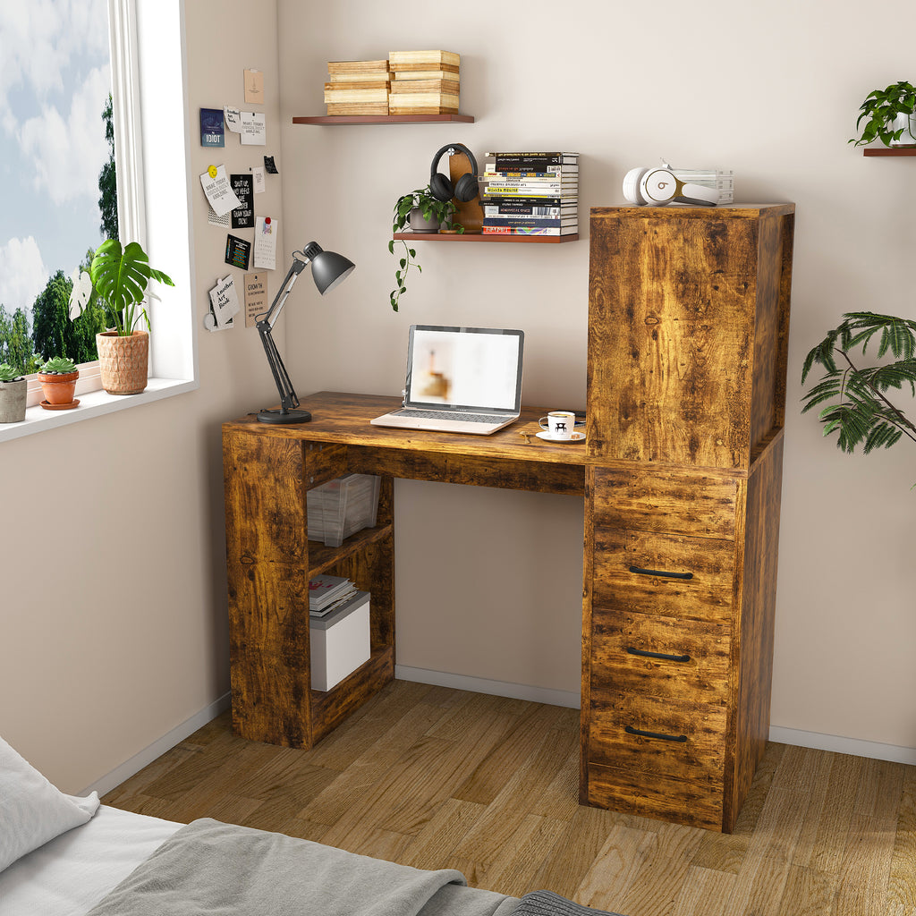 Computer Desk with 4-in-1 Socket & 3 Drawers, 4-Tier Storage Shelves, Carbonized Wood Finish Laminate for Home Office, Study, Bedroom