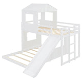 Wooden Twin Over Full Bunk Bed, Loft Bed with Playhouse, Farmhouse, Ladder, Slide and Guardrails, White(OLD SKU :LT000028AAK)