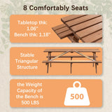 8 Person Brown Wooden Picnic Table, Outdoor Camping Dining Table with 2 Seats, Garden, DIY with 2 Built-in Benches, 2220lb Capacity