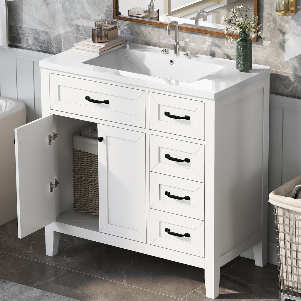 36" Bathroom Vanity with Sink Combo, White Bathroom Cabinet with Drawers, Solid Frame and MDF Board (Old Sku:JL000007AAK-6)