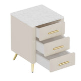 Upholstered Wooden Nightstand with 3 Drawers and Metal Legs&Handles, Bedside Table with Marbling Stickers Worktop - Beige