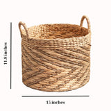 Isidore Round Water Hyacinth Seagrass Woven Basket with Handles - 15" x 15" x 11.8" - Natural Brown - For Clothes, Towels, Canvas, Toys and Magazine Storage and Home Decoration