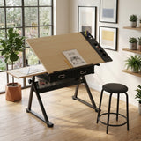 adjustable drawing drafting table desk with 2 drawers for home office and school with stool(maple)