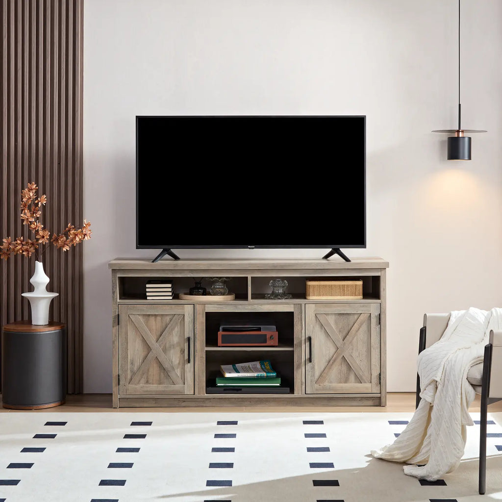 Farmhouse Barn door TV Media Stand Modern Entertainment Console for TV Up to 65" with Open and Closed Storage Space, Gray Wash, L57.87*W15.75*H30.31