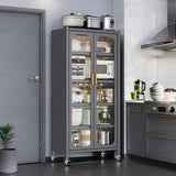 65" Kitchen Pantry Storage Cabinet, 6 Tier Metal Display Storage Cabinet with Transparent Door, Adjustable Shelves & Wheels, Food Pantries Cabinets, for Kitchen, Living Room and Dining Room, Gray
