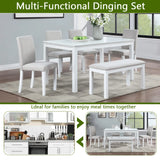 6 Piece Wooden Dining Table Set, Wooden Dining Table with 4 Upholstered Chairs and Bench for 6 People, Rectangular Dining Table Set with Crystal Decoration for Kitchen, Dining Room, White