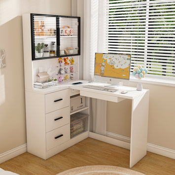 Computer Desk with Glass Cabinets & Built-In LED Lights, Corner L-Shaped Office Desk with USB Charging Ports, Keyboard Tray, Ergonomic Design for Home and Corporate Workspaces(White)