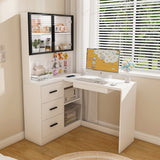 Computer Desk with Glass Cabinets & Built-In LED Lights, Corner L-Shaped Office Desk with USB Charging Ports, Keyboard Tray, Ergonomic Design for Home and Corporate Workspaces(White)