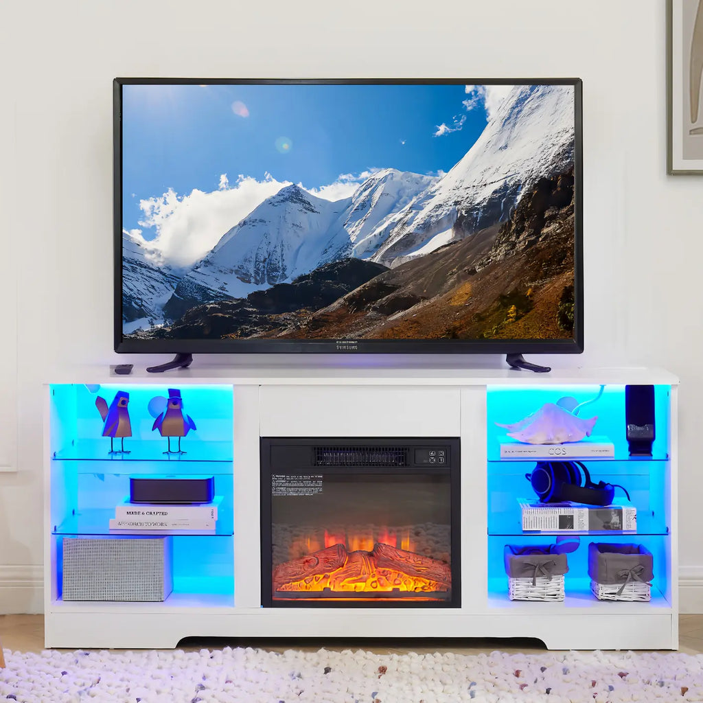 TV Stand Electric Fireplace  Glass Shelves, 3D Fireplace TV Stand with LED Lights Wood with USB Charging Outlet Modern Television Table Center for TV up to 62" White, 58''W*15.4''D*24.6