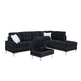 Sectional 3-Seaters Sofa with Chaise, Storage Ottoman, Metal Legs and Copper Nails,Two White Pillows ,Navy Bule(102" x 76" x35")