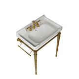 VICI 28" Bathroom Console Sink, Wall-Mounted White Ceramic Vanity Basin with 3 Pre-drilled Faucet Holes, Freestanding Stainless Steel Support Legs with Towel Bar, No Faucet & Sink Cover, Gold Color