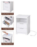 Nightstand with Charging Station,End Table with 2 Drawers,Wooden End Table with Drawer and Opening Shelf,Side Table for Bedroom, White